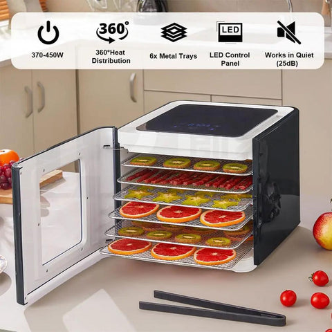 Premium Stainless Steel Food Dehydrator With Led Digital Touch Screen And Adjustable Timer drying colorful sliced fruits on metal trays.