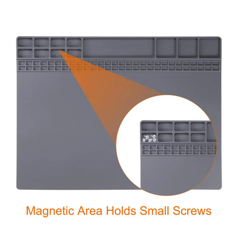 Anti Static Foldable Non Slip Premium Flexible Silicone Soldering Mat 15 Point 8 By 11 Point 8 Inches featuring a magnetic area for holding small screws.