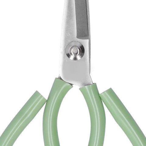 Close-up of Heavy Duty 7.9 Inch Fabric Cutting Scissors With ABS Handle And Precision Grooming Tool, green handle, steel blades.