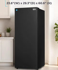 Straight Up Game Changing 11 Cu Ft Convertible Freezer And Refrigerator In black, dimensions 23.6x29.3x60.6 inches, placed in kitchen.