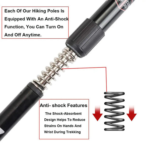 Close-up of Ultra Lightweight Collapsible Trekking Poles for Hiking showing shock absorbing spring mechanism and features.