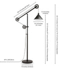 Tall Pulley System Floor Lamp With Metal Shade In Blackened Bronze Finish Adjustable Arc Lighting with dimensions shown