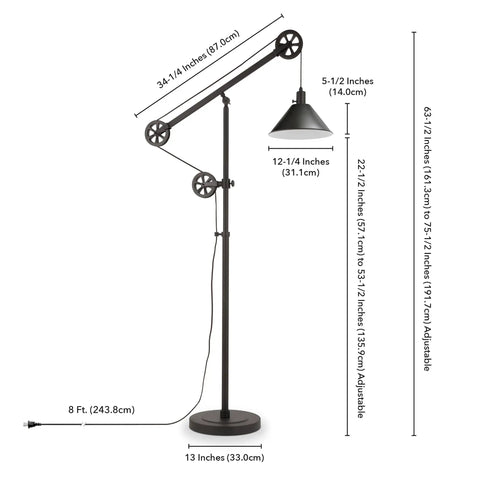 Tall Pulley System Floor Lamp With Metal Shade In Blackened Bronze Finish Adjustable Arc Lighting with dimensions shown