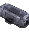Badass In-Line Anl Fuse Holder With 150 Amp Fuse For 1/0 Or 4 Gauge Car Audio Wiring With Reducer Shims Included High Performance Zinc Core And Smoked Gray Cover, side view with gray cover.