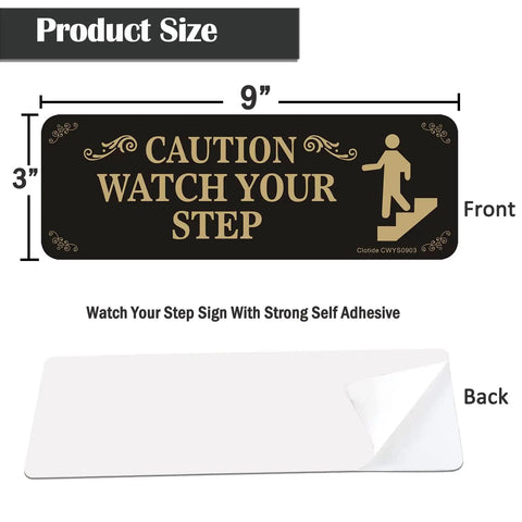 Front and back view Watch Your Step Caution Sign 3 Pack 3x9 Inch Thick Acrylic Self Adhesive