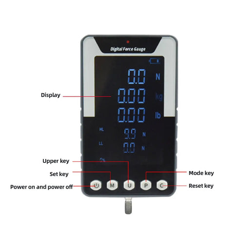 Push Pull Thrust Dynamometer Gauge With Bright Color Digital Display For Real Time Force Readout 10N 1kg 2.2lb Capacity Tension And Pressure Tester Three Measurement Modes Reversible Screen US Plug For Lab Or Workshop front view