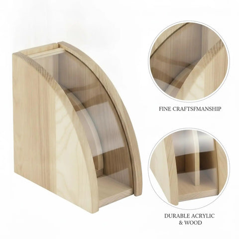 Slick Acrylic Coffee Filter Holder For Pour Over Station Straight Up Countertop Organizer Flat Paper Dispenser showing wood and acrylic design.