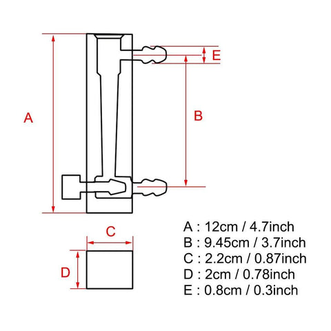 Diagram of Flowmeter 2-20 LPM Acrylic Air Gas Flowmeter With Control Valve showing dimensions, hose barb, and compact design.