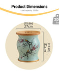 Product dimensions of the Retro Ceramic Drum Garden Stool Featuring Lively Floral Bird Details and Smart Shoe Compartment.