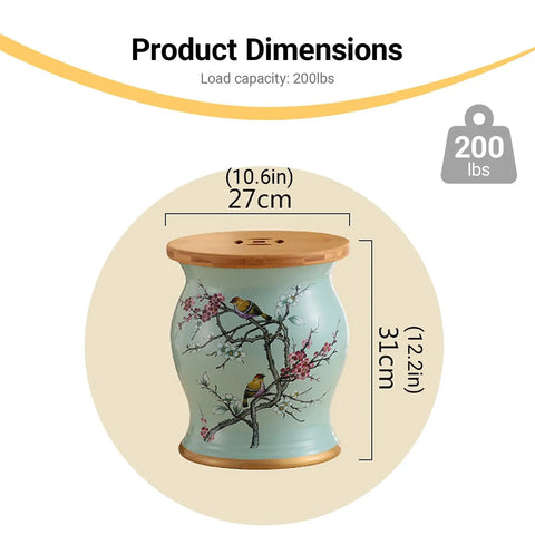 Product dimensions of the Retro Ceramic Drum Garden Stool Featuring Lively Floral Bird Details and Smart Shoe Compartment.