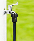 Six Pack 3/4 Inch Female Pipe Thread To 1/2 Inch Drip Tubing Adapter Swivel Garden Hose Connector For 1/2 Inch Drip Line Fits Standard 3/4 Inch Hoses And Faucets attached to chrome faucet and black drip tubing