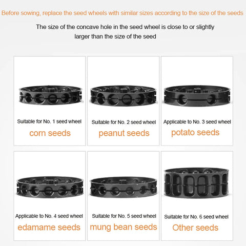 Interchangeable seed plates for Adjustable Row Planter Seeder With Interchangeable 6 Seed Plates And Row Marker For Easy Yard Work Durable Build With Five Seeding Ports Semi Automatic Garden Seeder For Even Seed Distribution, labeled for different seed types.