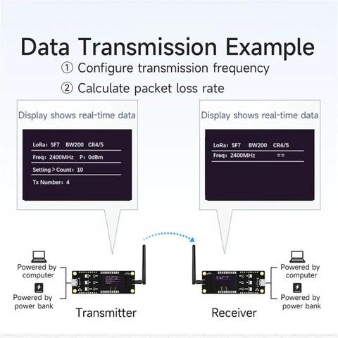 Illustration showing data transmission example with LoRa 2.4G Offline OLED SX1281 Test Board With SPI Wireless RF Module.