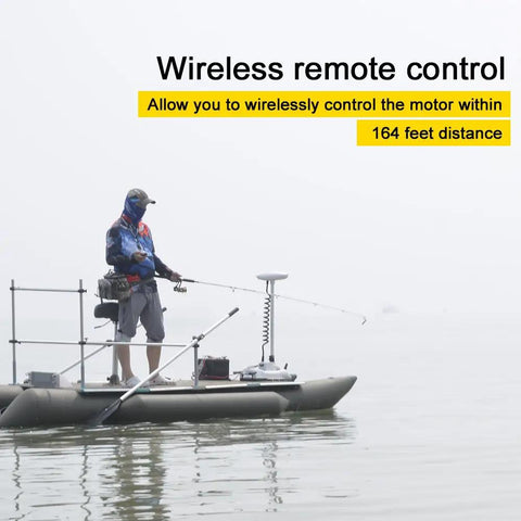 Fisherman using Quiet Riot 12V Bow Mount Trolling Motor 55 Lb Thrust 48 Inch Shaft Wireless Remote Control on calm waters.