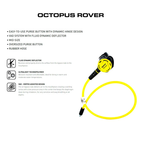 Rover Compact Scuba Diving Second Stage Octopus Regulator With Vortex Assisted Design and yellow hose