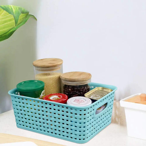 Six Pack Plastic Storage Bins Blue And White With Hollow Out Design For Quick Easy Organization And Grab And Go Storage