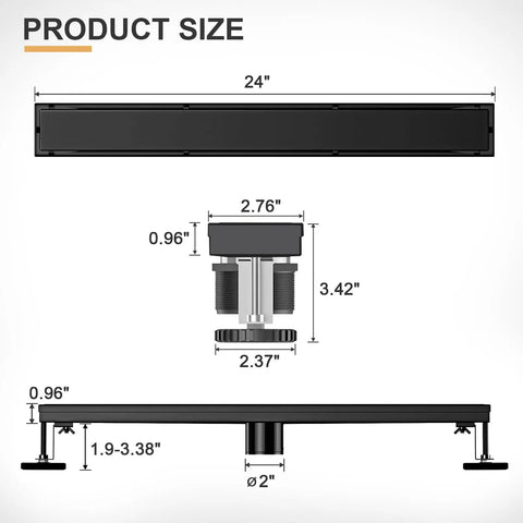 24 Inch Linear Shower Drain Tile in Grate Matte Black Floor Drain Kit No Flange dimensions and specifications diagram