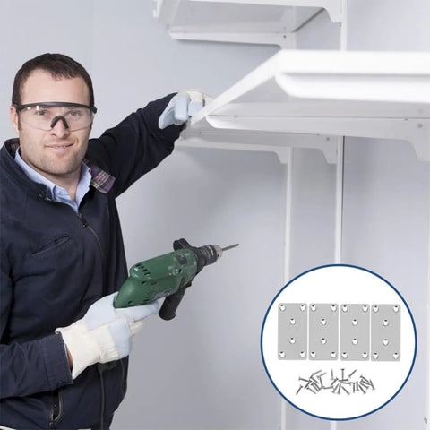 Person using drill with Stainless Steel Flat Plate Brackets Six Piece Set for furniture repair shown in inset.