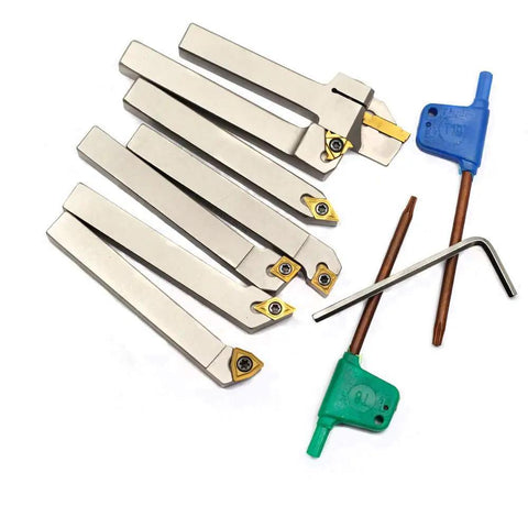 Heavy-Duty 3/8 Inch Shank Lathe Tool Holder Set, 7-Piece CNC Nickel Plated Metalworking Kit With Tin Coated Carbide Inserts For Turning, Grooving And Threading, External Turning Holders Included Plus Grooving And SER Threading Holder