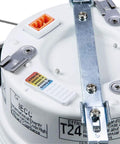 Close-up of color temperature selector on RL Series 5/6 Inch Recessed LED Retrofit Downlight with White Baffle Trim for Ceiling and Shower.