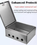 Open view of a Rugged And Weatherproof Outdoor Electrical Enclosure Box With Stainless Steel Shell For Wall Mount Junction Chest And Electric Control Panels, Built To Last Outdoor Electrical Box Measures 12x16x8 Inches And 1.2 Millimeter Thick.