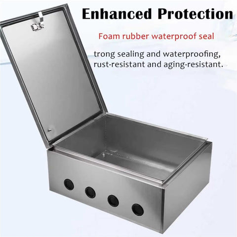 Open view of a Rugged And Weatherproof Outdoor Electrical Enclosure Box With Stainless Steel Shell For Wall Mount Junction Chest And Electric Control Panels, Built To Last Outdoor Electrical Box Measures 12x16x8 Inches And 1.2 Millimeter Thick.