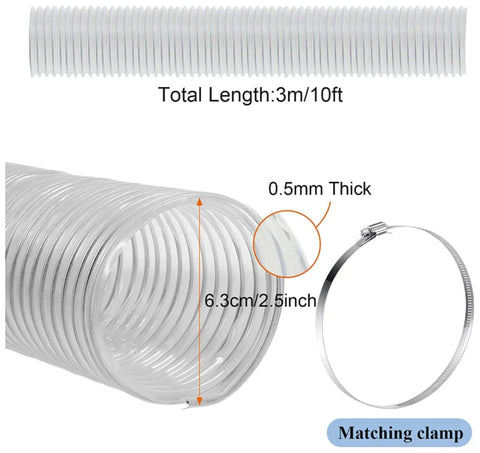 Heavy Duty Dust Collection Hose 2.5 Inch By 10 Ft Flexible Clear PVC Fume Hose With Stainless Steel Wire Coil And Clamp displayed
