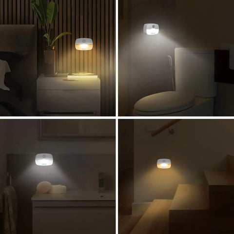6 Pack Motion Sensor Lights Indoor Battery Operated Wireless Stick On Night Lamps illuminating various rooms in the dark