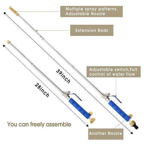 High Pressure Power Washer Wand With Hydro Jet Spray, Flexible Garden Watering Wand showing adjustable 39-inch and 28-inch wands