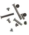 Rock Solid Heavy Duty M5 Chicago Screws Kickass 60 Pair Black Phillips Binding Post Set For Scrapbook Photo Albums And Leather Purse Belt Repair With Six Assorted Lengths, assorted sizes on white background.