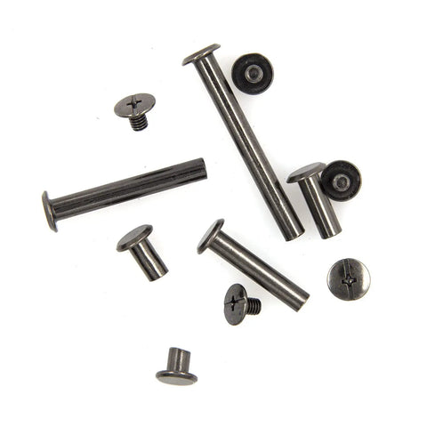Rock Solid Heavy Duty M5 Chicago Screws Kickass 60 Pair Black Phillips Binding Post Set For Scrapbook Photo Albums And Leather Purse Belt Repair With Six Assorted Lengths, assorted sizes on white background.