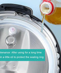 Interior view of Instant Pot Duo 8 Qt lid showing replacement sealing ring, steam release valve, and float valve components.