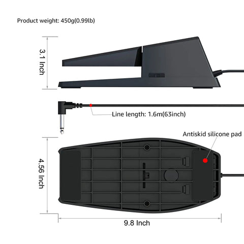 Dimensions and features of Grippy Sustain Pedal With Polarity Switch For Electronic Keyboards Digital Pianos And MIDI Keyboards