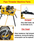 Rock Solid Electric Pipe Threader Machine For Cutting Threading And Trimming Half To Three Inch Conduit With Smooth Auto Oiling System and visible pipe threader parts.