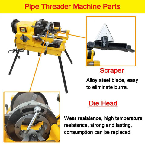 Rock Solid Electric Pipe Threader Machine For Cutting Threading And Trimming Half To Three Inch Conduit With Smooth Auto Oiling System and visible pipe threader parts.
