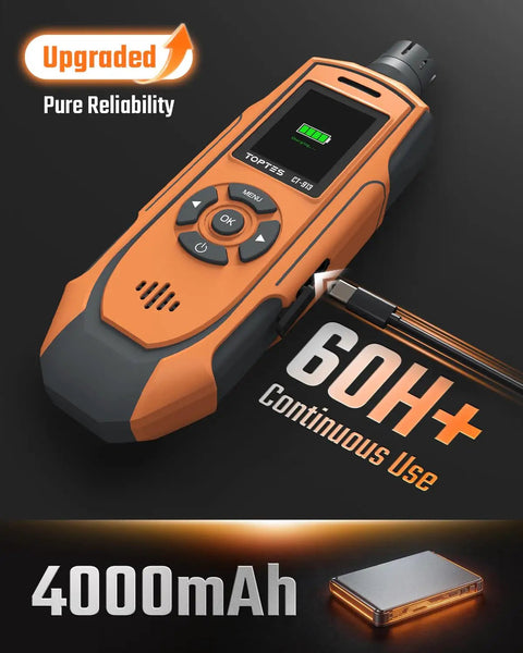 Rechargeable Portable Carbon Monoxide Detector with upgraded sensor and TFT color display showing battery life and 60H+ use