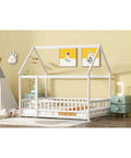 Floor Bed With Roof Frame And Safety Guardrails In White Rubber Wood For Playful Kids Rooms Durable Construction With Open Access Design