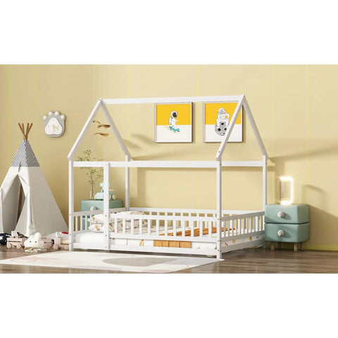 Floor Bed With Roof Frame And Safety Guardrails In White Rubber Wood For Playful Kids Rooms Durable Construction With Open Access Design