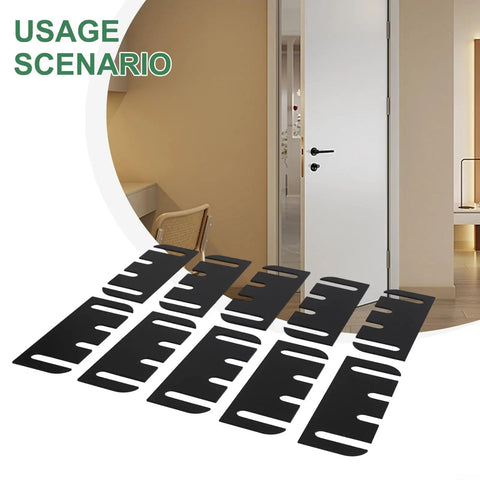 10 Pack Door Hinge Shims 4 Inch PVC Door Repair Kit For Easy DIY Alignment Fixes, displayed on a table with a door in the background.