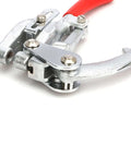 Pro Grade Heavy Duty Metal Hole Punch Kit close-up, handheld punch tool with chrome vanadium steel and red cushioned grips.