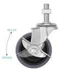 3 Inch Swivel Caster Wheels Featuring M8 Threaded Stem And Reliable Side Lock Brakes Heavy Duty Steel Housing Gray Finish side view with brake mechanism