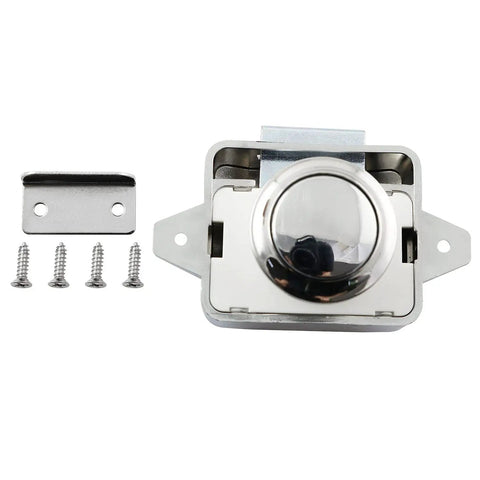 No Sweat Push Button Catch Lock Keyless Drawer Latch Knob For RV Cabinets Boats and Camper Doors with screws and mounting plate.
