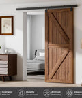Image showing a wooden door on an 8 Ft Box Rail Sliding Barn Door Track Kit, Heavy Duty Aluminum Alloy Wall Mount For Single Door, Smooth Quiet Operation, Easy To Install, Fits Doors Up To 48 Inches Wide, 1 To 1.81 Inches Thick, Supports Up To 330 Lbs, Door Not Included