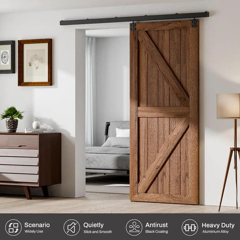 Rock Solid Heavy Duty Sliding Barn Door Track Box Rail Kit for Single Doors up to 330 Pounds 79.2 Inch Aluminum Frame mounted over wooden door.