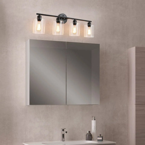 4 Light Matte Black Vanity Light Over Mirror With Clear Glass Shades Modern Farmhouse Wall Sconce For Bathroom UL Listed Anti Rust Metal Frame Wet Location Fixture