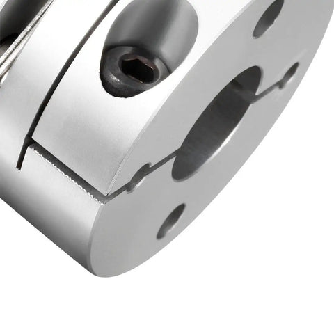 Close-up of a Beefy 12.7mm To 12mm Bore Flexible Diaphragm Motor Shaft Coupling Joint with Clamp Mount, aluminum hubs and stainless discs