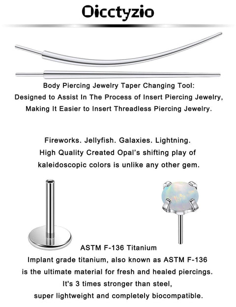 Taper insertion tools for Titanium F136 Medical Grade 20G Threadless Flat Back Opal Stud Earrings Set, 6mm bar and 3mm gem