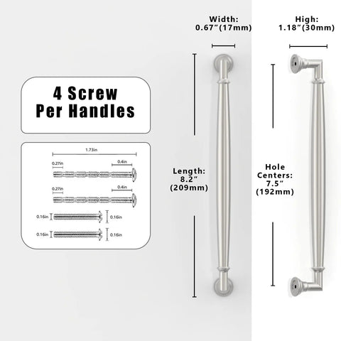 10 Pack Brushed Satin Nickel Cabinet Pulls 7.5 Inch Kitchen Drawer Handles with dimensions and details for cabinets