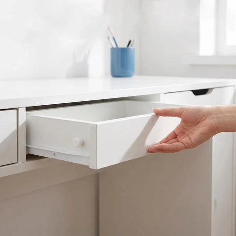 Heavy Duty Drawer Slide Kit With White Plastic And Metal Rails For Dresser Drawers And Baskets, Lightweight Design For Easy Install, Stable Support, Modern Aesthetic, Ideal Replacement Part For Reno Projects on white desk drawer