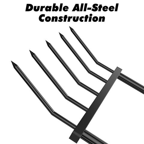 Close-up of 5 tines on Heavy Duty 5 Tine U Shaped Broadfork Garden Tool For Loosening Soil Without Disturbing Structure Durable Steel Construction